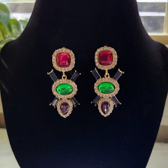 Multi-Color Jeweled Gem Statement Dangle Earrings – Gold Tone Rhinestone Drops - Picture 11 of 12